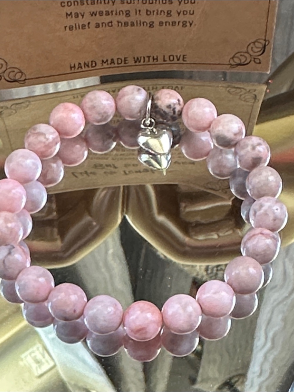 Unlisted Pink Natural Stone Beaded Bracelet with Heart Charm - Picture 3 of 3